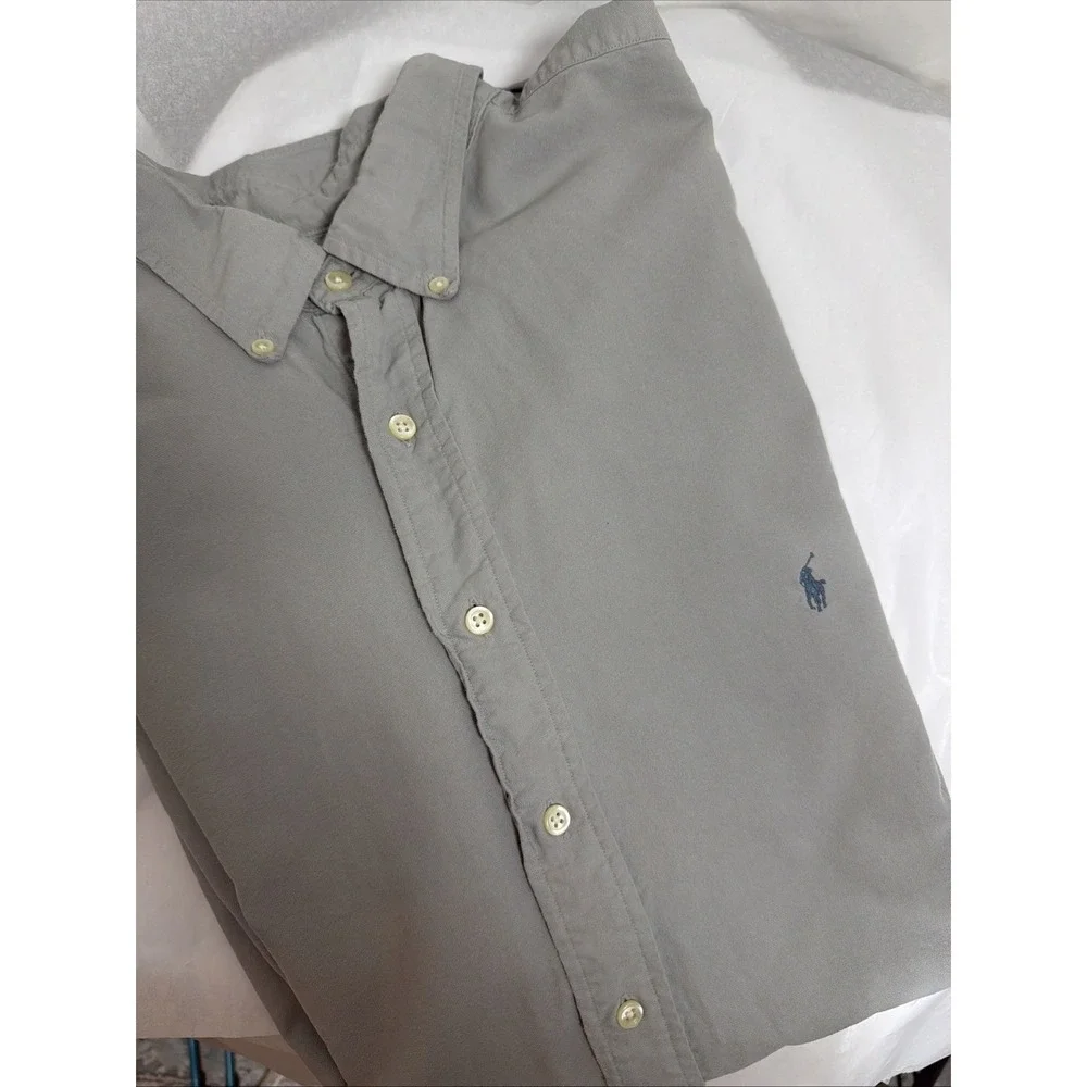 Vintage Ralph Lauren Button Down Shirt Men Gray Cotton Oxford Long Sleeve 2XL